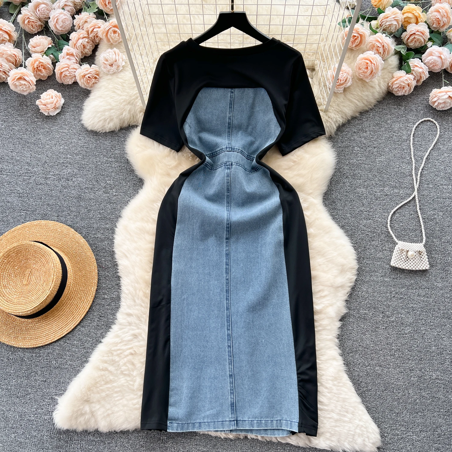Liu Ming Summer Trending Products 2024 New Arrivals Women Clothing French Retro Short Sleeve Chic Casual Long Denim Dress