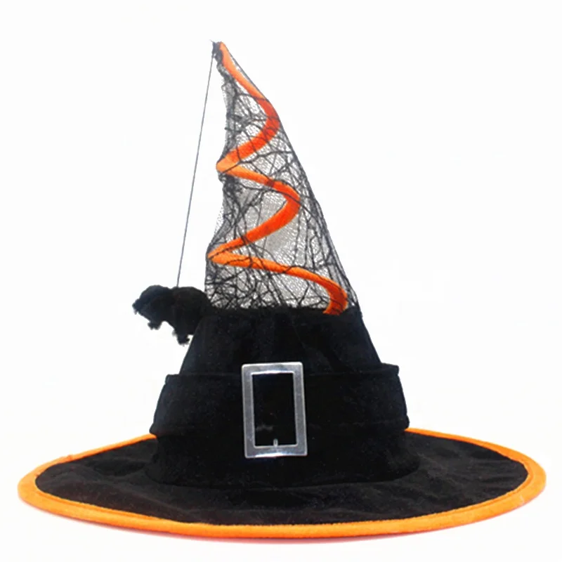 Factory Wholesale Halloween Party Witch Hat Hanging With Spider Spring Halloween Tulle Witch Hat Costume Accessory