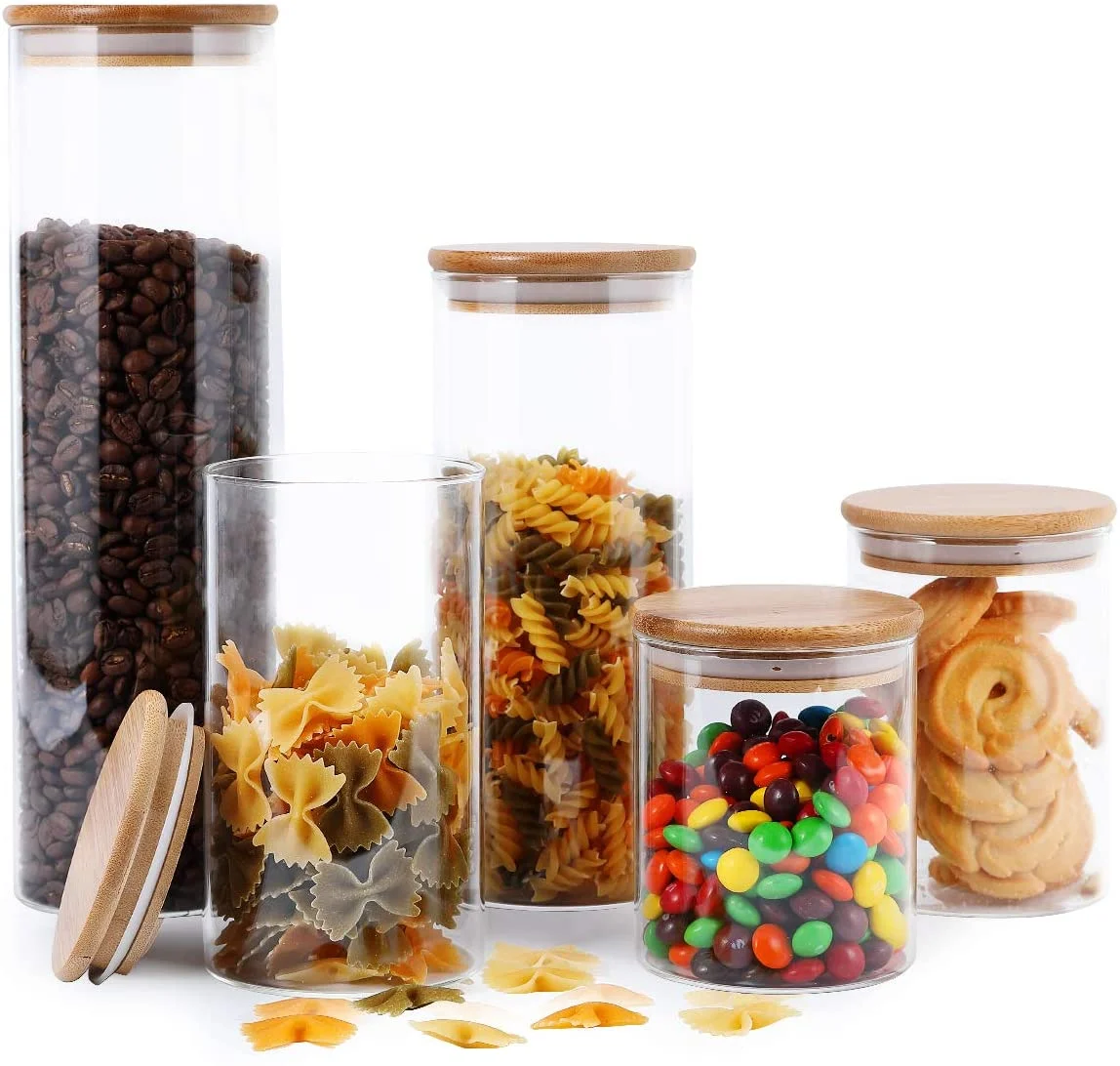 250ml Borosilicate vacuum food storage containers airtight round glass spice in jar with bamboo lid