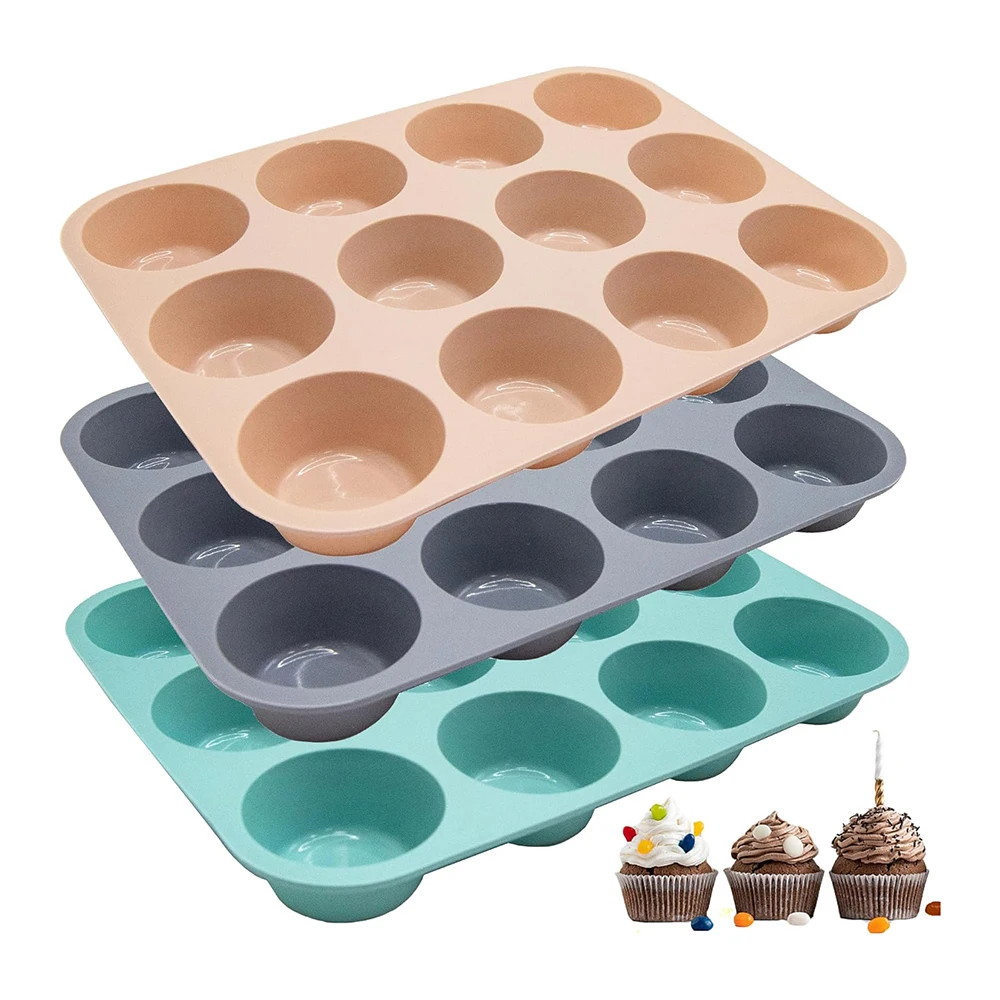 Easy to Release Food Grade Silicone 12 Holes Muffin Pan Baking Tray Non Stick Round CupCake Mold For Baking