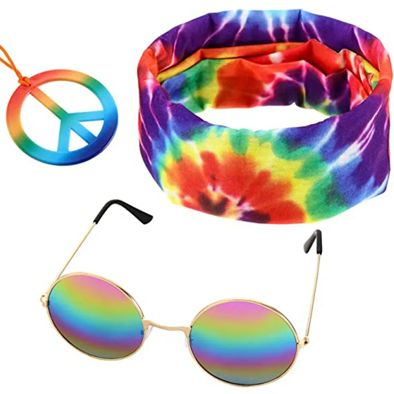 Hippie Costume Set Hippie Sunflower Crown Headband Peace Sign Necklace Round Sunglasses For Party Carnival Holiday