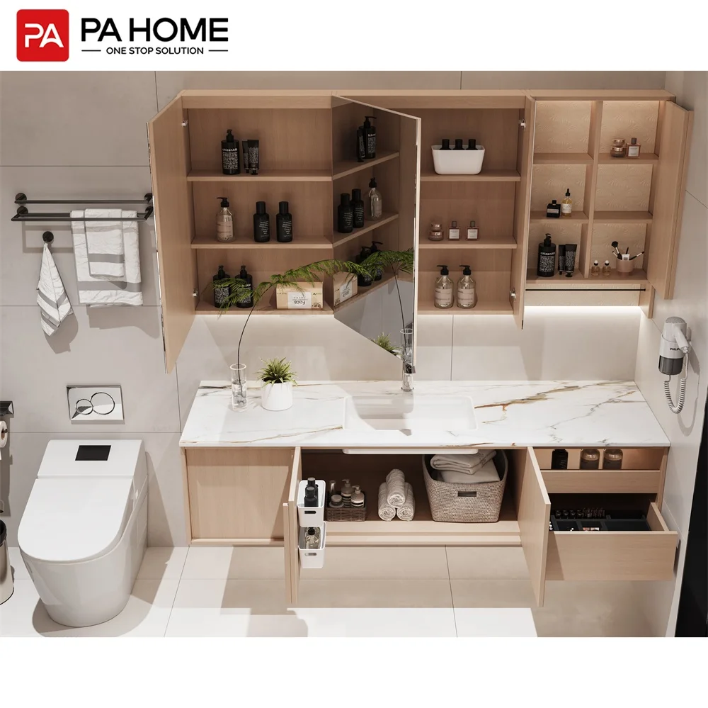 PA floating double sink vanity with mirror lights wash basin for hotel bathroom cabinet