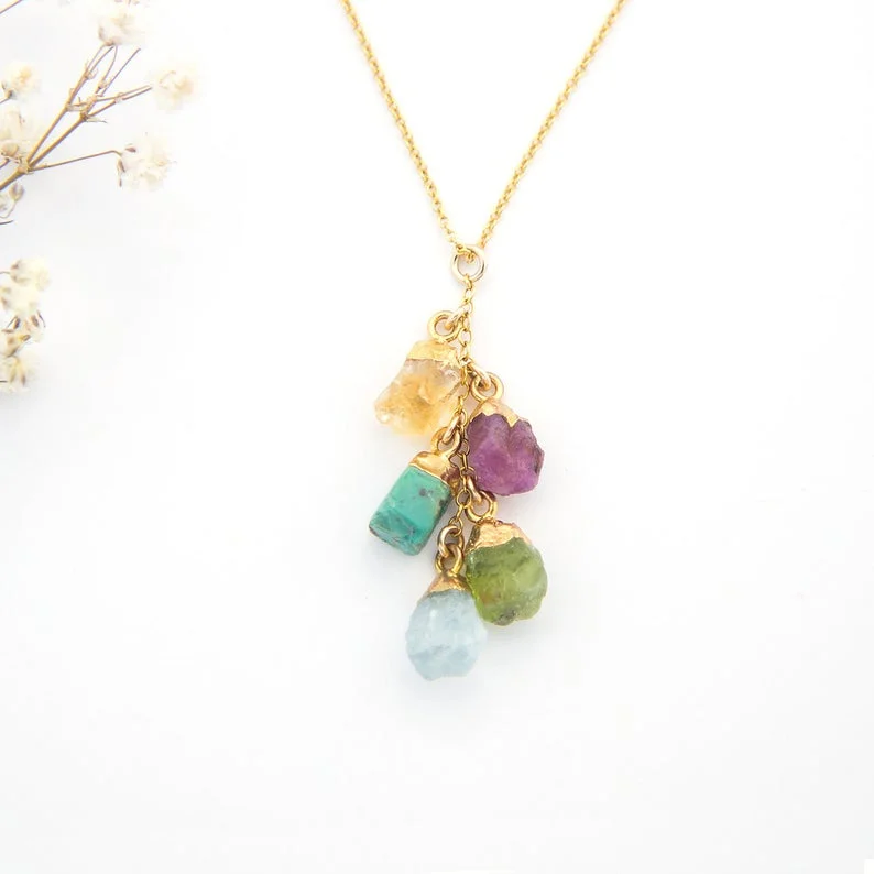 Raw Birthstone Cascade Necklace Custom Raw Stone Charm Necklace