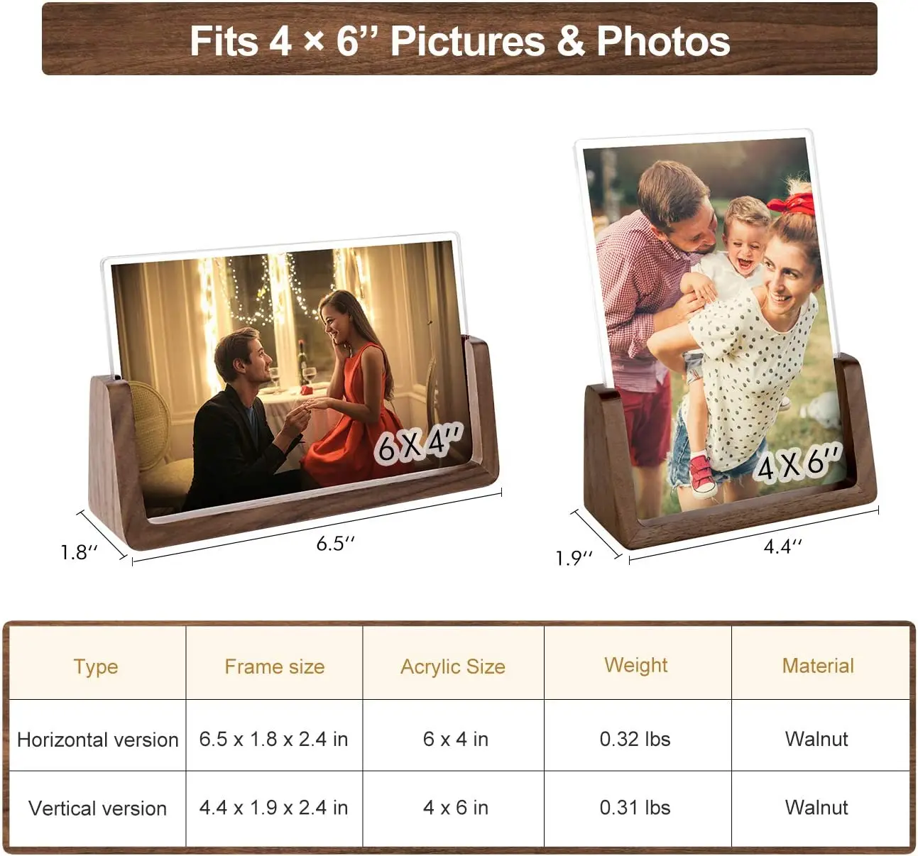 Picture Frame 2 Pack - Rustic Wooden Photo Frames with Walnut Wood Base and High Definition Break Free Acrylic Glass Covers