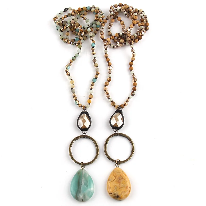 Bohemian Jewelry  For Women Gift 4mm Beaded Natural Stone Knotted Dorp Stone Pendant Necklaces