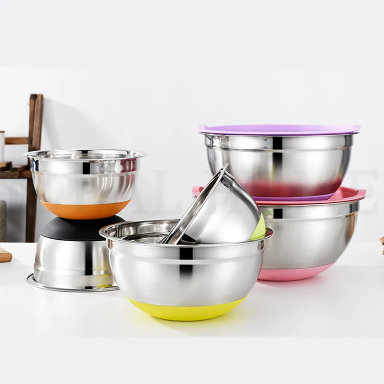 Multiple sizes thickening multicolor lid salad bowl stainless steel mixing bowl with silicone base