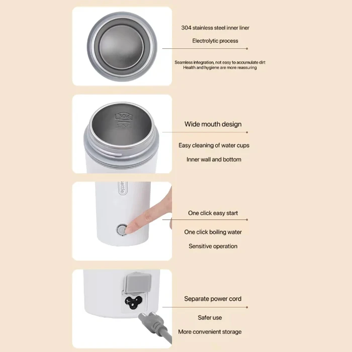 Portable Electric Kettle with Fast Heating New Design Mini Water Boiler for Hotel Car Outdoor Tea & Coffee Stainless Steel Liner