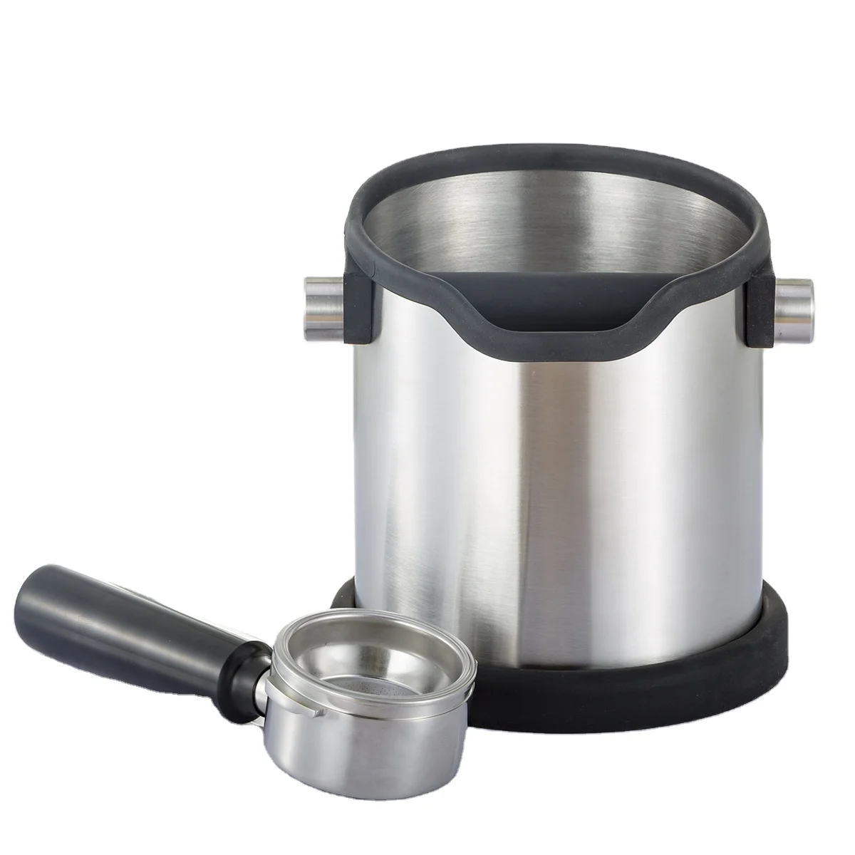 1.8L espresso accessories stainless steel and silicone round barista coffee knock box with removable knock bar