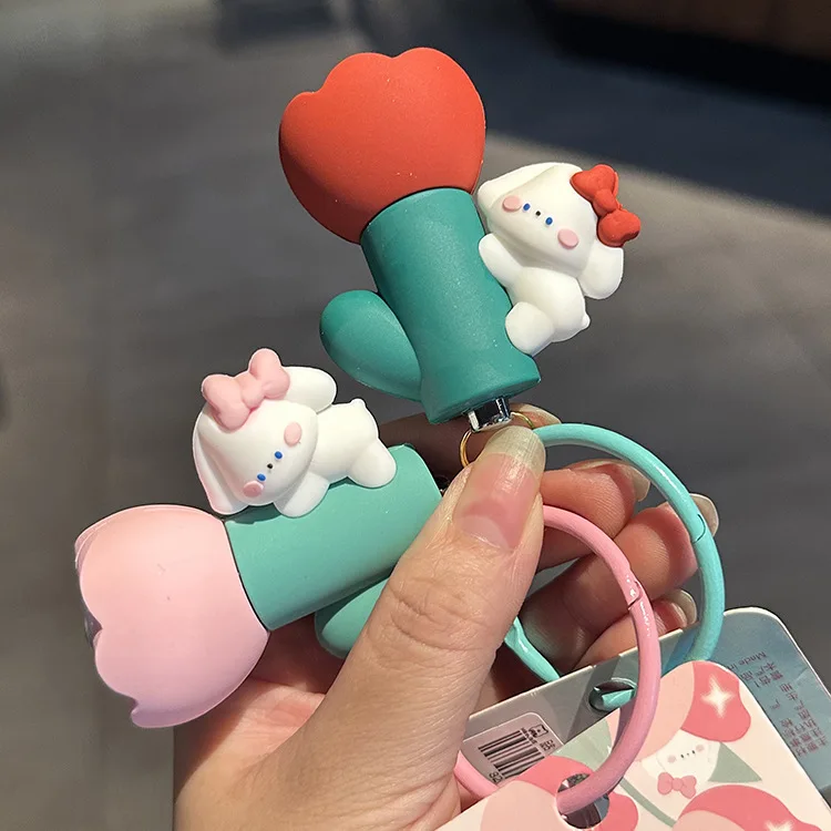Cute flower rabbit flashlight keychain Creative cartoon multi-function car key pendant for women backpack pendant
