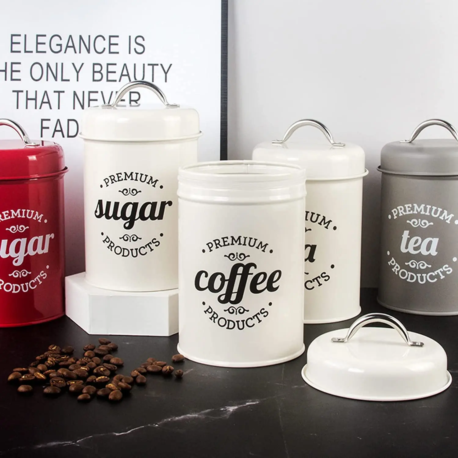 Tea Coffee Sugar Set Piece of 3 Airtight Kitchen Food Canister Rustic Farmhouse Country Decor Metal Storage Containers Jars