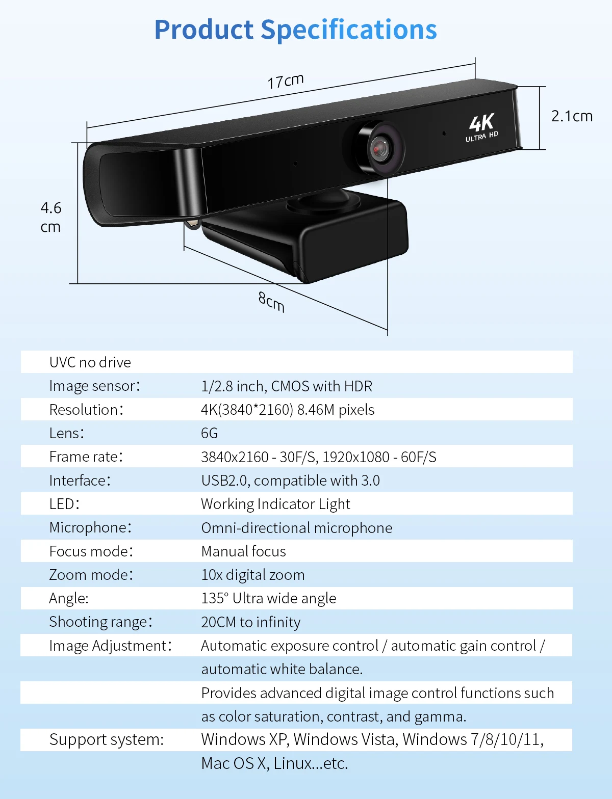 Ultra HD 4K Web Camera Wide Angle 135° Computer Web Cam USB 4K 60FPS Webcam with Privacy Cover for Online Meeting Education