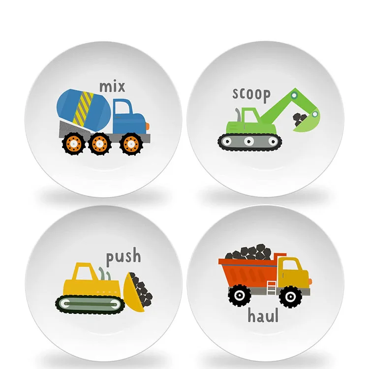 Top-selling Construction Truck Plates for Kids with Colorful Vehicles Set of 4 Melamine Dishes for Children