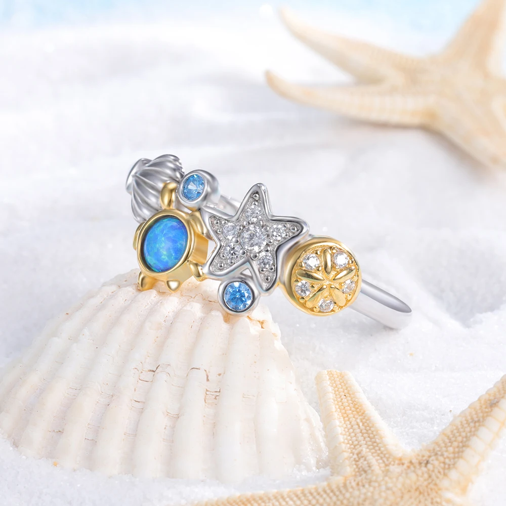 925 Sterling Silver Opal Turtle Ocean Blue Sea Life Starfish Star Rings Summer Beach Jewelry Birthday Gifts for Women Girl