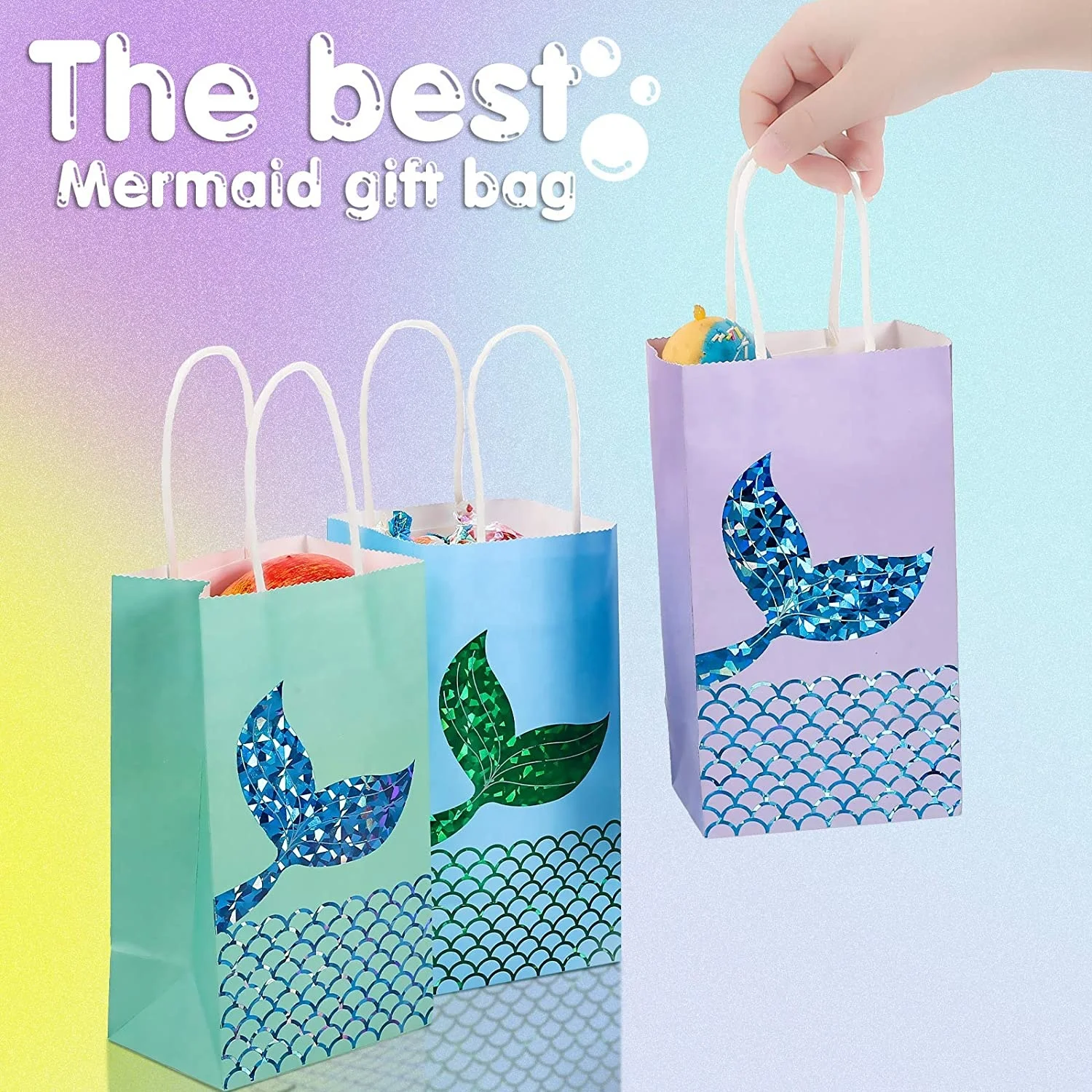 Mermaid Eco Party Favors Bags Presents Bag Set Little Mermaids Tail Goodies Bag For Candy, Chocolate, Accessories