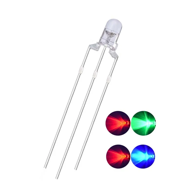 1000pcs/bag Bicolor Red Green Blue Yellow clear Lens Round 3 Pins Two Colors 3mm Led Diode For Indicator light