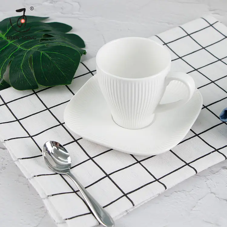 DianTong new design plain white porcelain ceramic biscuit espresso & coffee cup and square saucer with custom logo