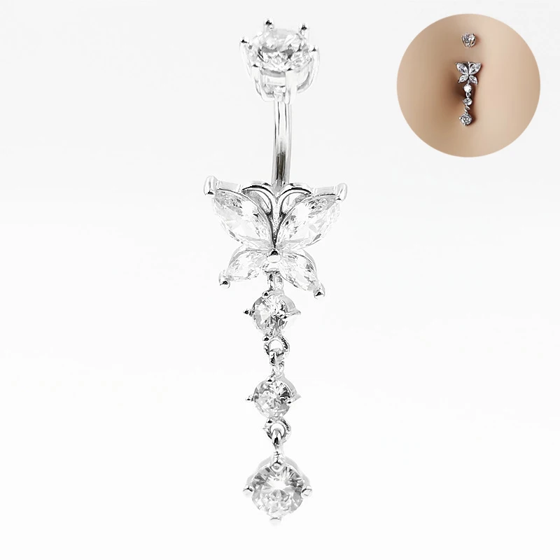 Hypoallergenic Butterfly Belly Button Ring 925 Sterling Silver Navel Rings Piercing Clear Cubic Zircon Body Jewelry