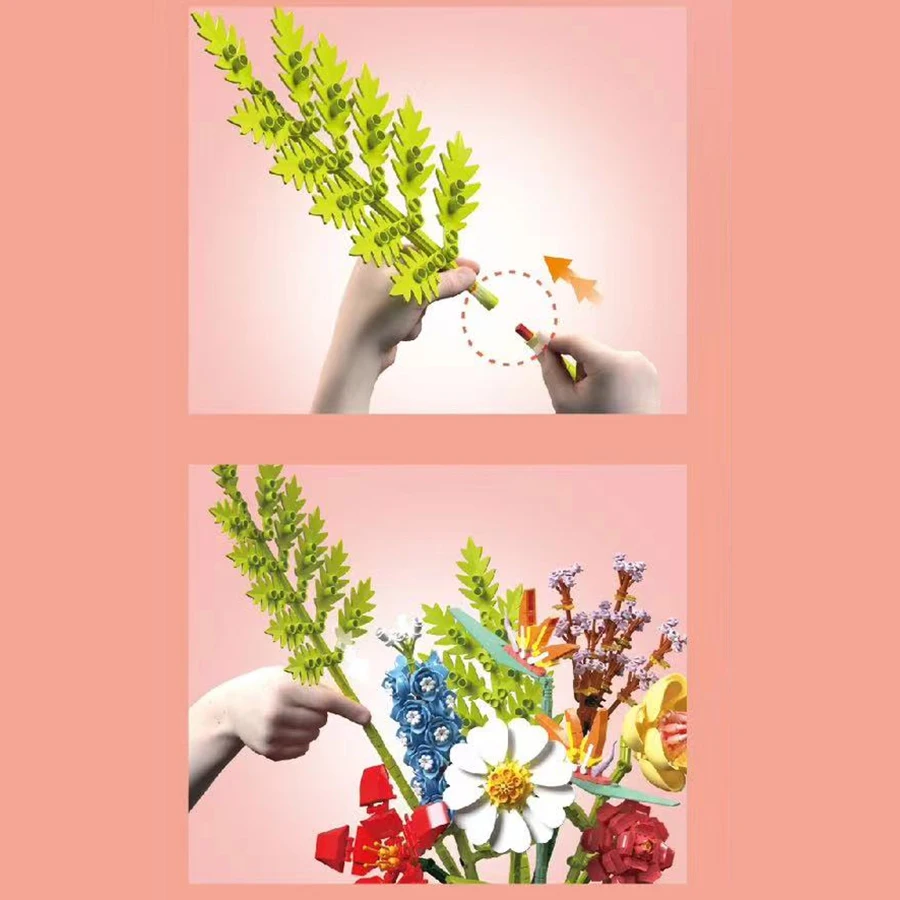 Eternal Decorative Bouquets Plastic Flowers Calendula & Kapok Series With Vase Gift Flower Bouquet Building Block Sets Flower