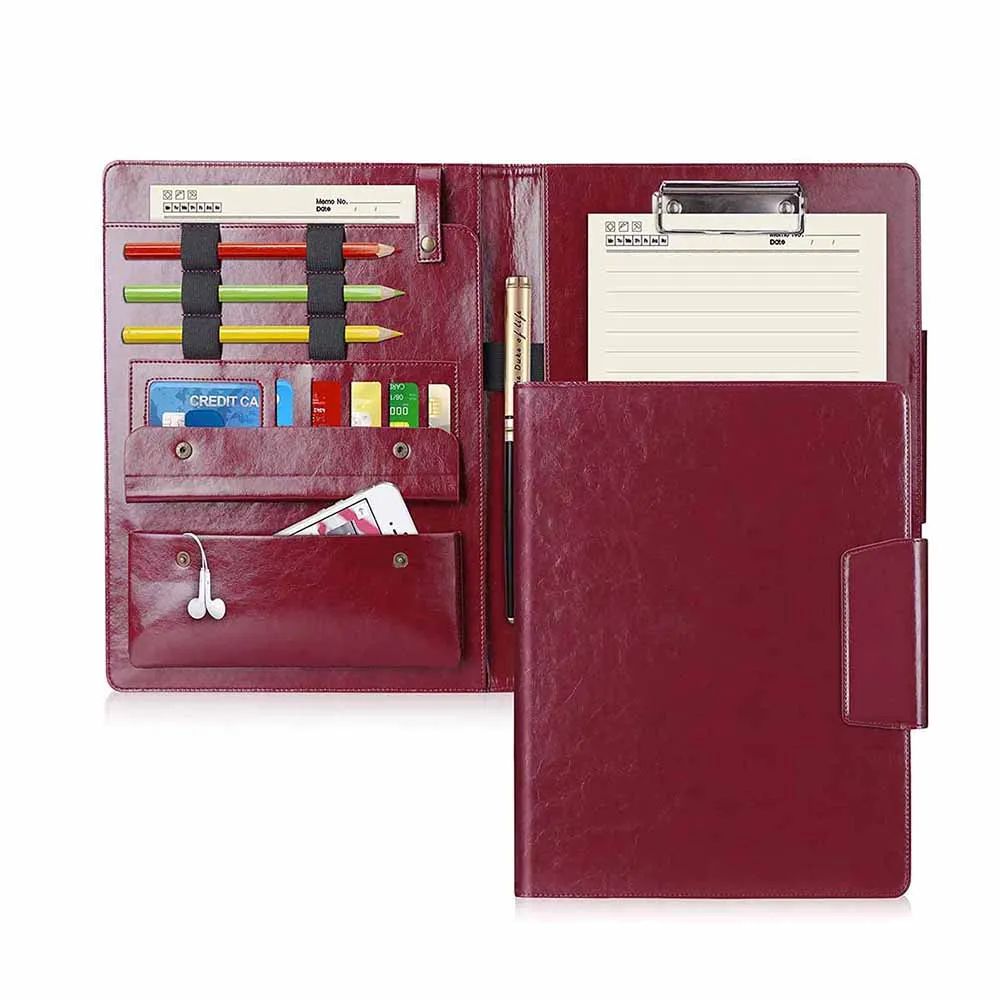 A4 leather document file folder organizer resume portfolio folder with clip & phone pocket