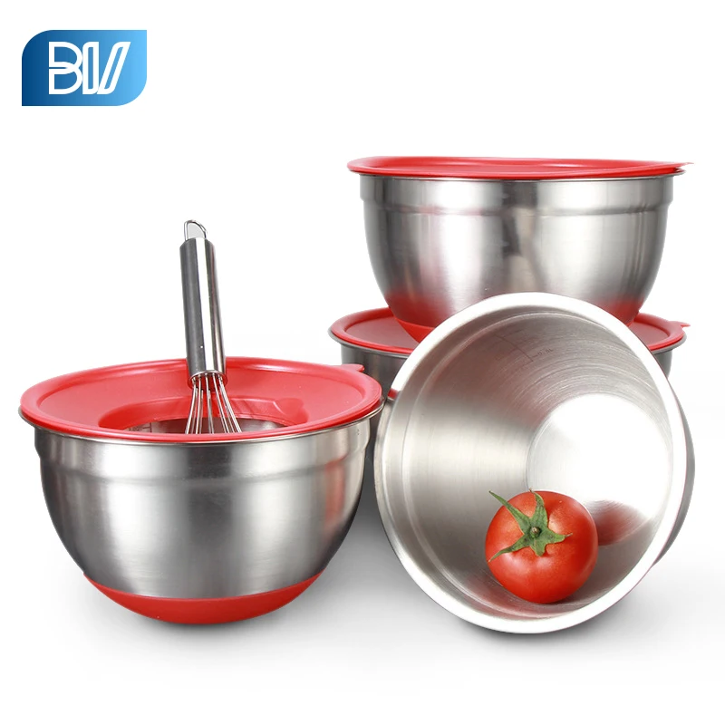 Silicone Non-Slip Bottom Mixing Bowls Bakery Dough Egg Bowl Stainless Steel Mixing Bowls With Lid