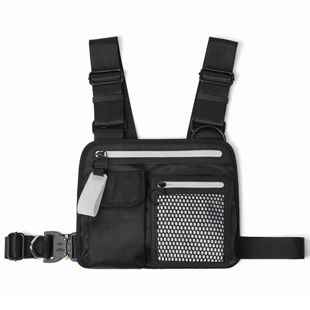 Custom Black Canvas Hip Hop Front Crossbody Pack Mens Tactical Chest Rig Harness Bag