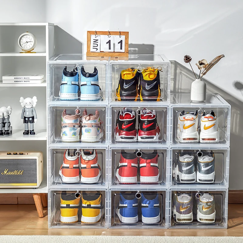 Custom thick high transparent plastic transparent PS personalized magnet side open shoe sports shoe box shoe storage
