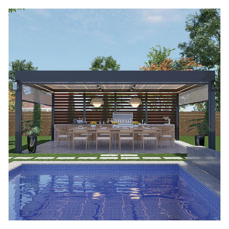 European standard LED Lights Luxury Modern Outdoor Pergola Aluminium Waterproof Louver Roof Metal Garden Pergola
