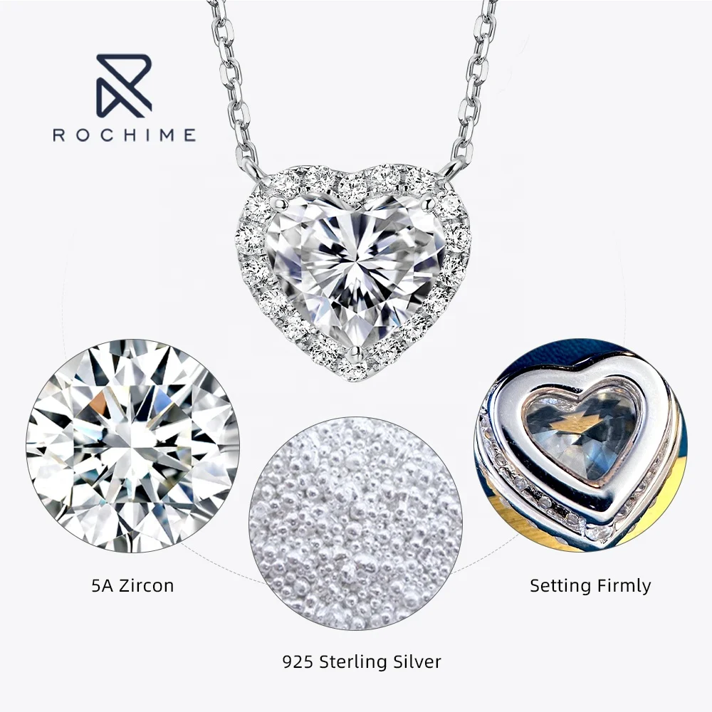 Rochime halo sweet pendant heart necklace  s925 silver gold plated 5a zircon jewelry for women