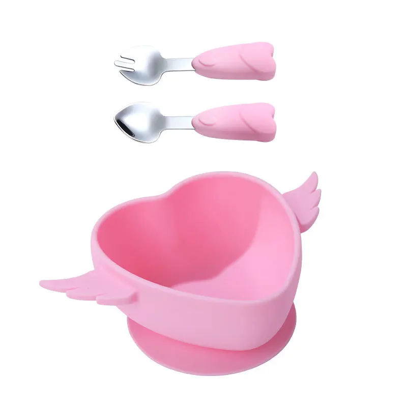 Customized Logo Bpa free Eco-Friendly dinnerware wholesale silicone baby spoon and fork heart shape bowl feeding set