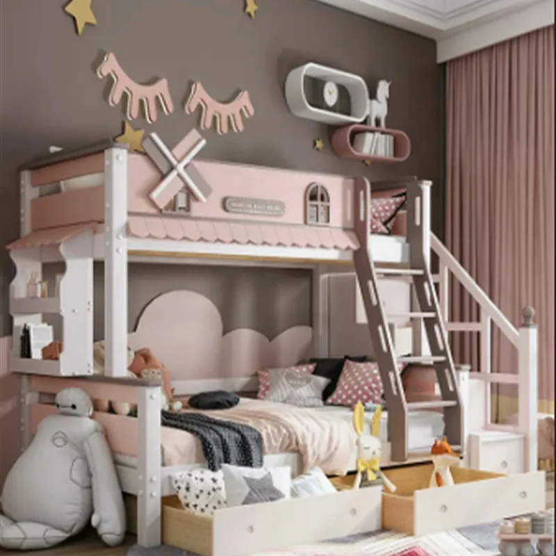 MIDOSO Beauty Modern Hotel Children Dormitory Bedroom Furniture Kid Double Loft Beds Set with Slide Bunk Wooden Wood Pink 1 Set