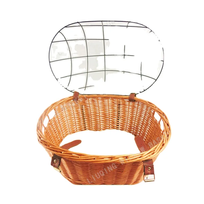 Factory Direct Hand Weaving Removable Wicker Bicycle Basket With Leather Strips