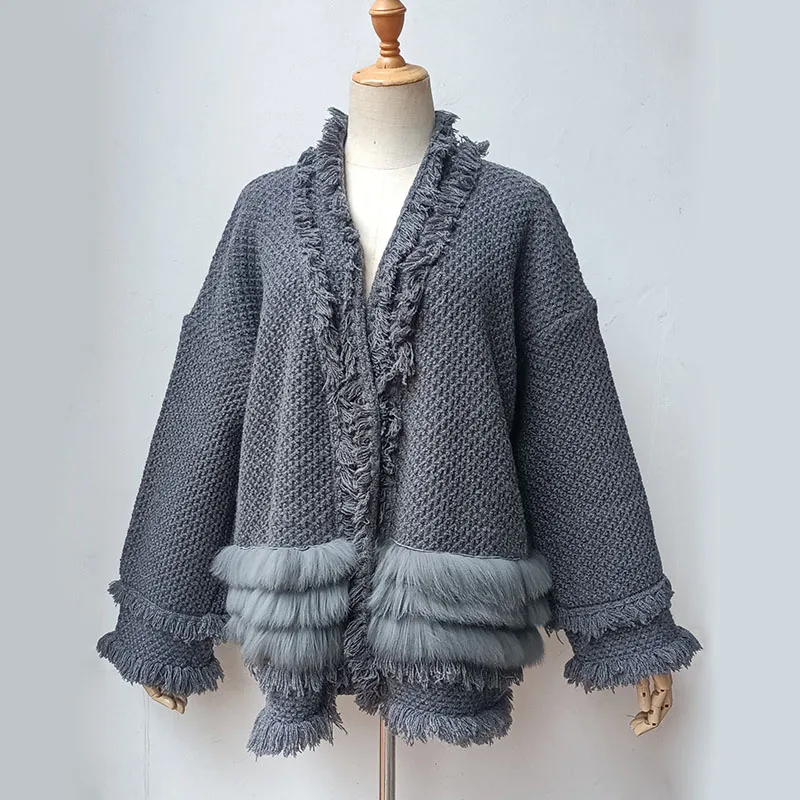 2024 New Plus Size Knitted Cardigans With Real Fur Trim Casual Loose Female Knit Open Stitch Outwear With Tassel