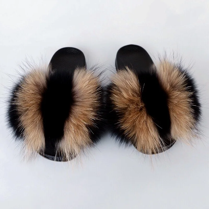 Customize fur slipper fluffy fox fur slides slippers for women cheap luxury fox fur slippers