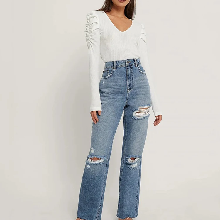2021 Fashionable Custom Vintage Destroyed Detail Wide Leg  High Waist straight Denim Pants For Women
