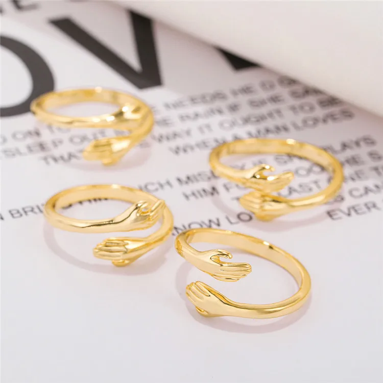 SP Hugging Adjustable Opening Hug Hands Shape Ring Jewelry 18K Real Gold Plated Love Hug Me Resizable Open Ring