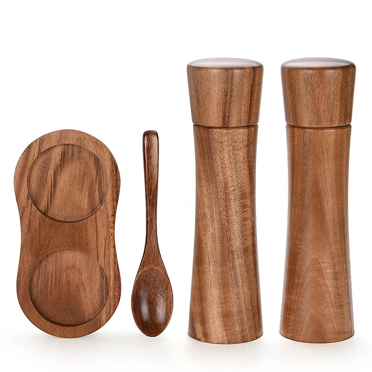 Wood Refillable Pepper and Salt Mills Set With Ceramic Grinding Mechanism For Christmas Box Gift