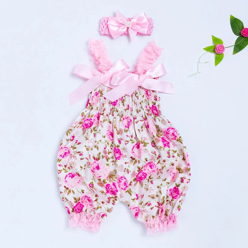 Wholesale Girls Headband Floral Printing Baby Clothes Straps Jumpsuit Long Climbing Clothes Newborn Baby Rompers