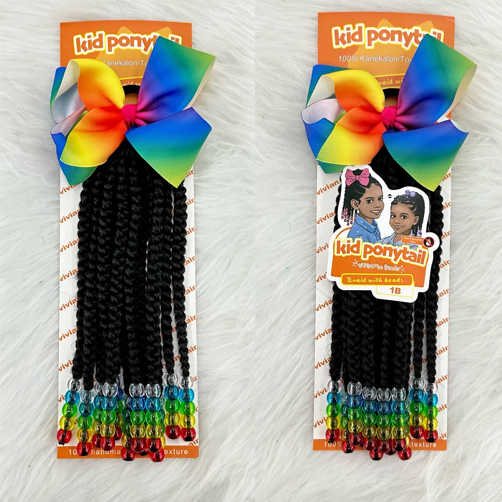 Vivian 10inch box braid ponytails with rainbow beads colorful bow tie Cornrow Braids for kids baby girl fashion hair styles