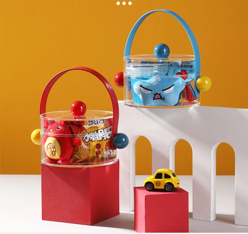 Cute Acrylic Candy Box Clear Round Storage Boxes with Handle Transparent Kids Party Wedding Gift Packaging Display Box with Lid