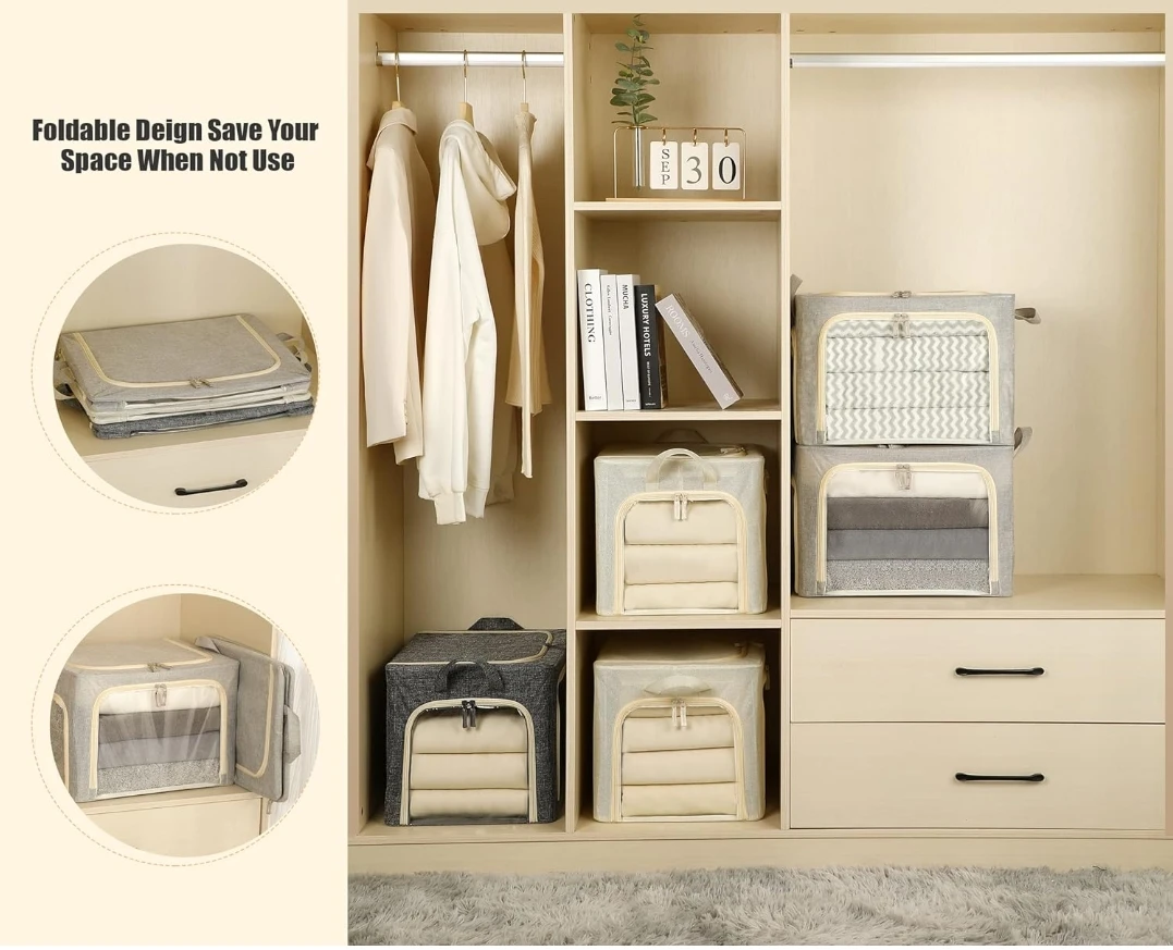 3 open clothing storage boxes with metal frames, foldable clothing storage boxes, and clothing storage boxes with lids