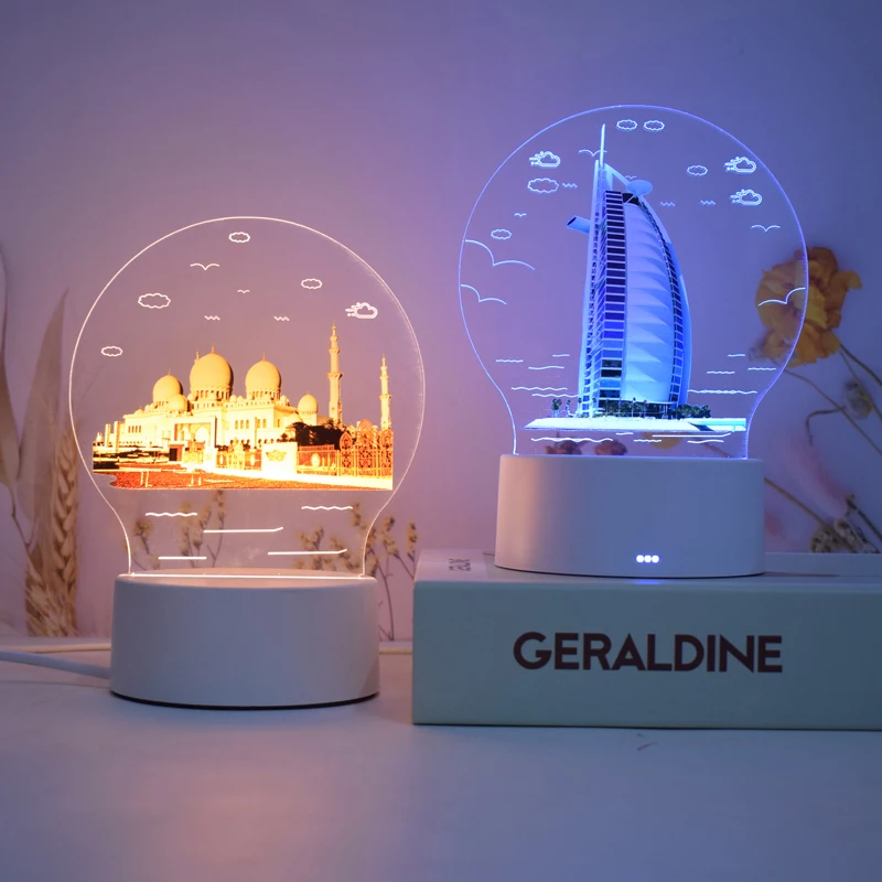 Photo Custom Dubai Islamic Muslim Mosque Architecture New Product 3d Night Light Table Lamp Bedside Decorative Lighting