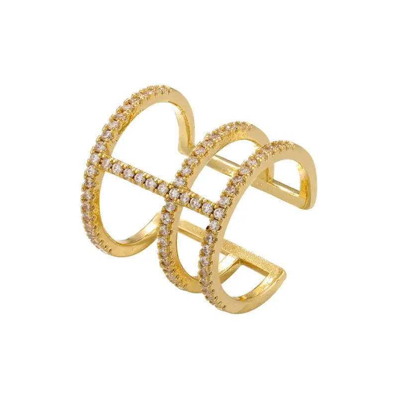 INS Fashion New Design 3 Layers Micro Pave Zircon Opening Rings Black Gold Plated Diamond Ring for Women Wedding Jewelry