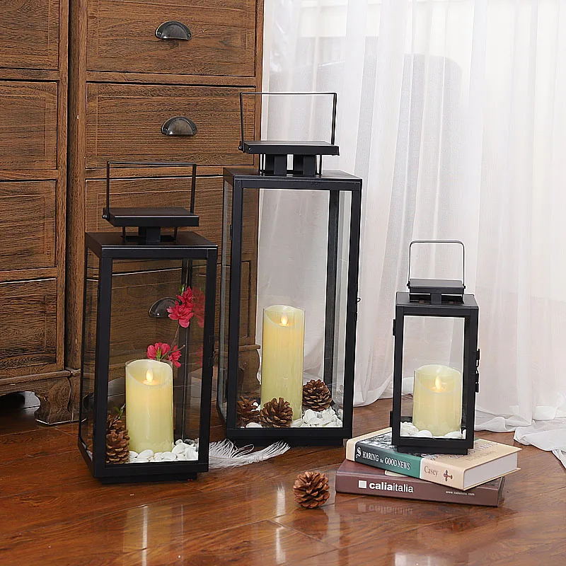 Wholesale European-style outdoor Black glass floor candlestick courtyard decor candlestick ornaments wrought iron art lanterns