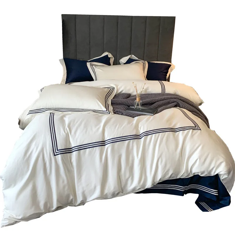 Nordic 100% Cotton Solid Striped Pattern 4 Pieces Bedding Set Quilt Cover Bedsheet Pillowcase for Bedroom Hotel Decor