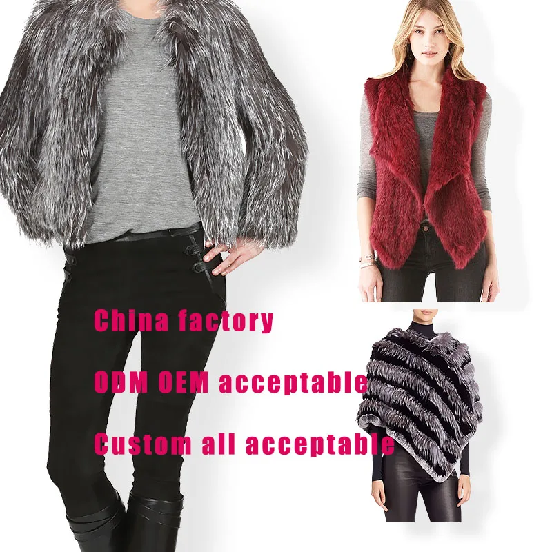 YR978 Good Quality Women Basic Style Raccoon Fur Hand knitted Hooded Vest