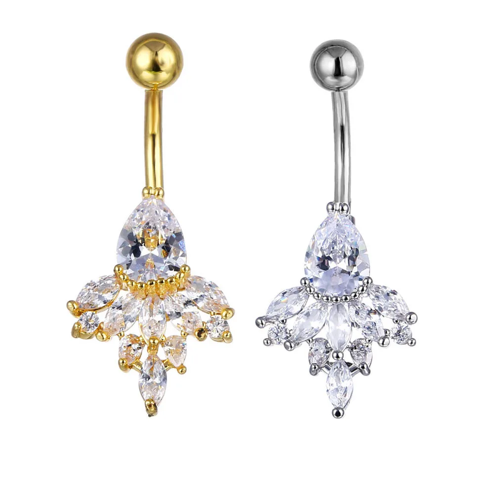 Sexy Gold Silver Color Stainless Steel Crystal Belly Button Piercing For Women Girls CZ Zircon Angel Tears Belly Button Ring