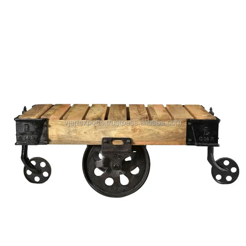 Indian Classic Elegent Furniture Vintage styled industrial coffee table with cast iron wheels and mango wood top