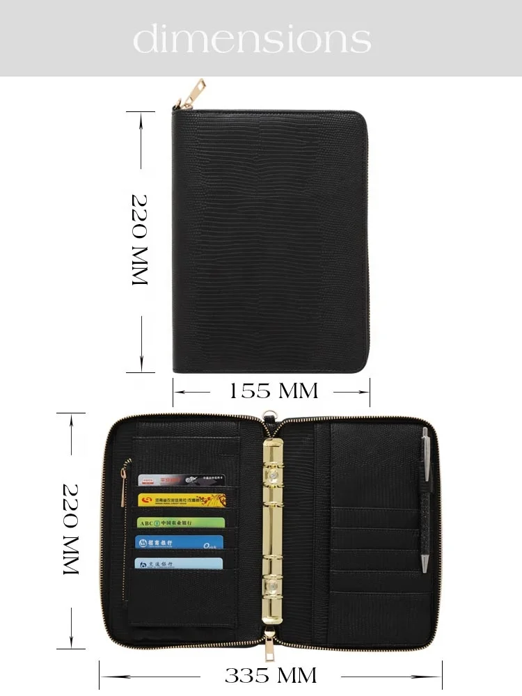 2025 Hongbo New A6 Lizard PU Leather Zipper Wallet with 6 Gold Binder Rings as Budget Planner Envelope with Inserts Available