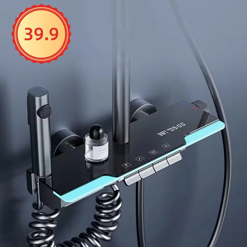 Adjustable Square Thermostatic Bathroom light digital display thermostatic bathroom shower copper faucet pressurized shower set