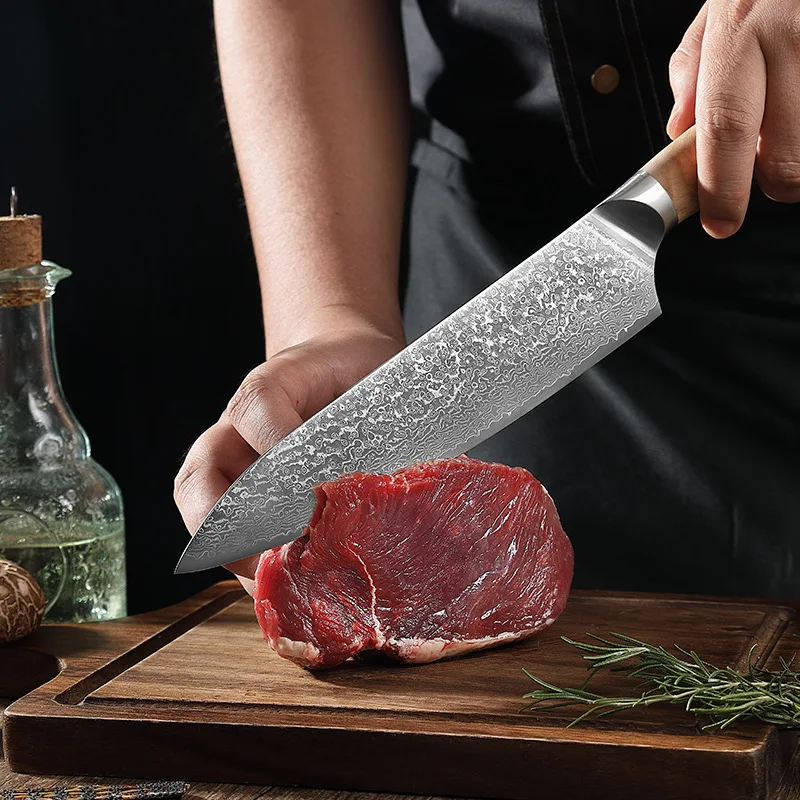 Professional Cooking Tools 7Pcs Olive Wood Handle Damascus Steel Santoku Utility Boning Chef Knife Kitchen Knife Set